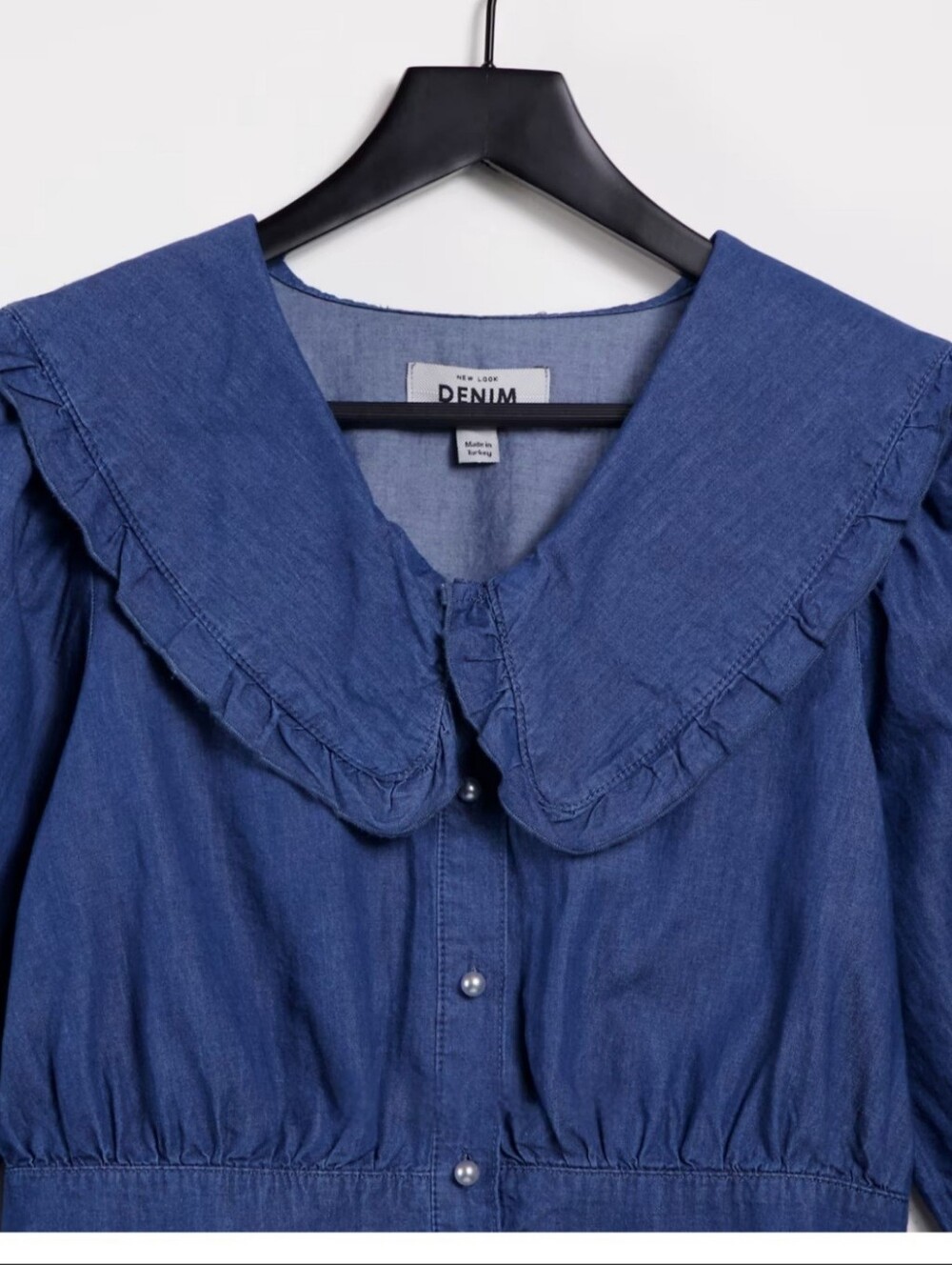 New Look Blue Ruffle-Collar Button Front Denim Top - Picture 8 of 9